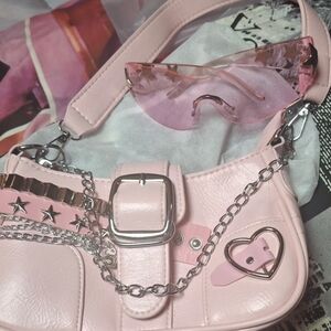 Pink Women's Bag with Chains and Heart Detail